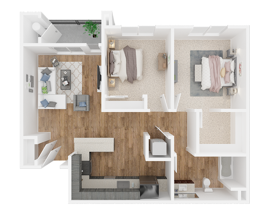 Sky Mountain by Vintage | Two bedroom One bathroom 3D floor plan 2X1 units available for rent at Sky Mountain by Vintage